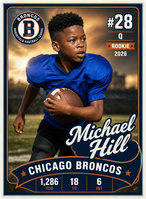 Custom trading card of a youth football player